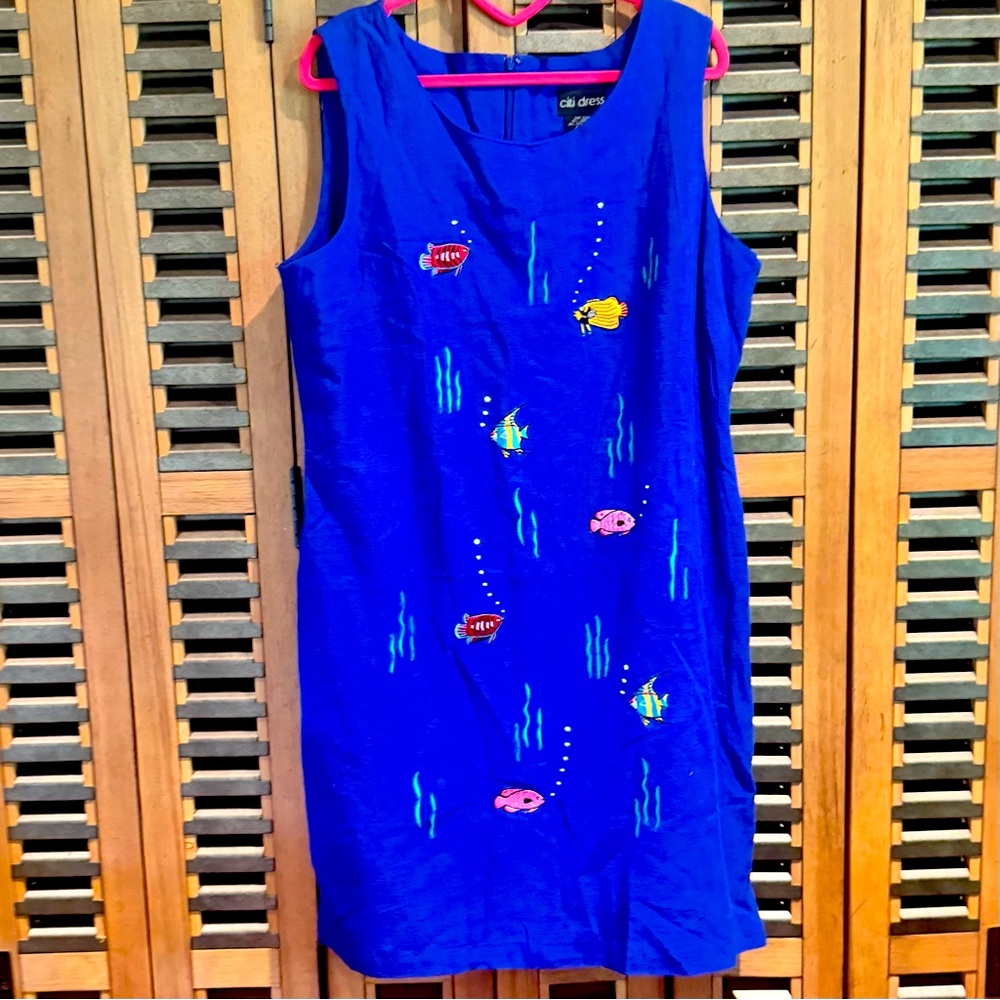 Blue Sleeveless Dress with Fish Design